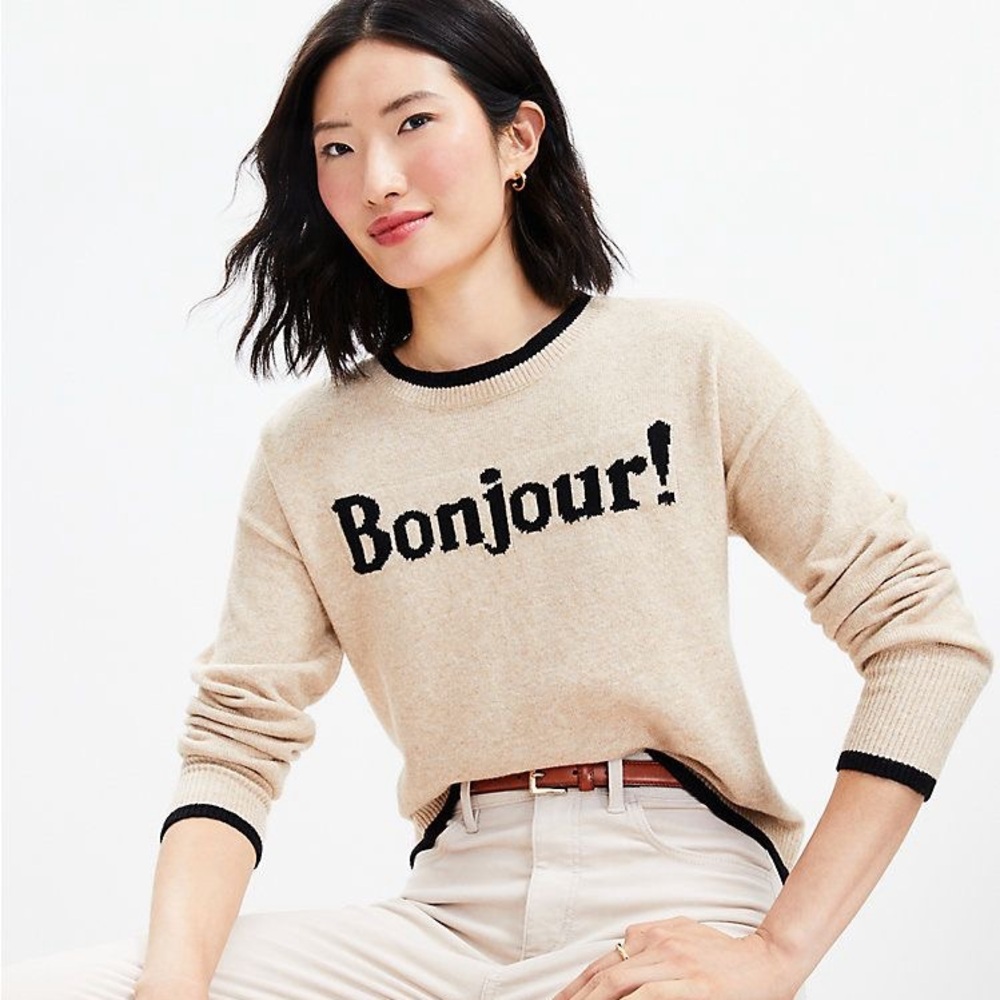 Ann Taylor LOFT Bonjour! Beige Sweater with Black Trim Size M